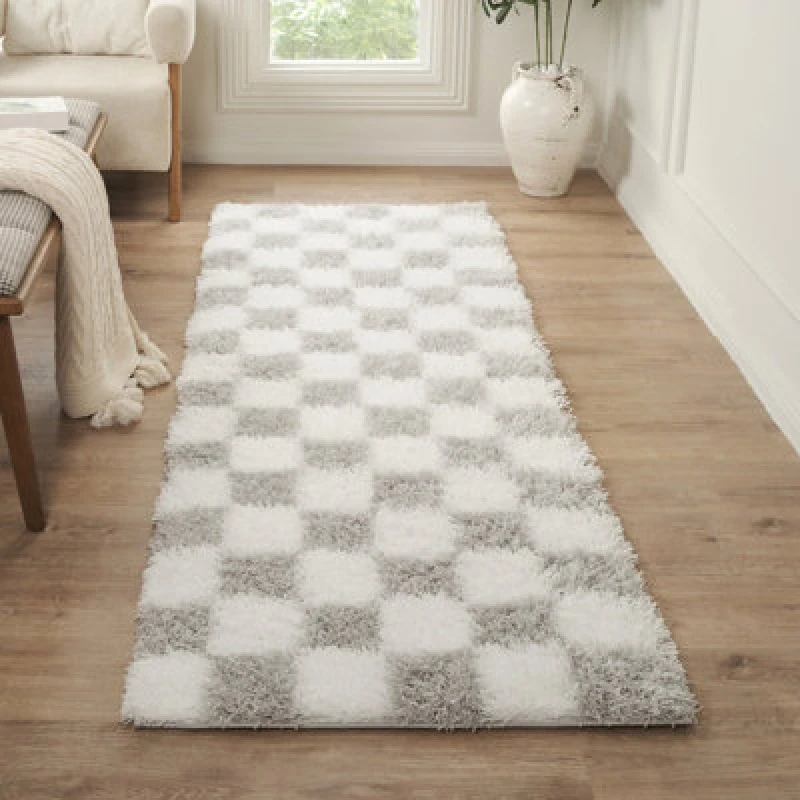 Image of Livabliss Shaggy Modern Plush Pile Light Grey Checkered Willa Runner Rug 80 X 220 Cm - Easy Care, Ideal For Hallway Or Beside The Bed