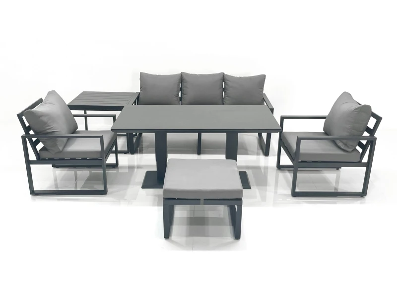 Image of Fimous Outdoor Aluminium Garden Furniture Set with Adjustable Rising Lifting Dining Table 3 Seater Sofa 2 Chair Big Footstool Side Table Dark Grey Dar