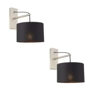 Image of 2 PACK Matt Nickel Wall Light & Black Cotton Fabric Shade - Hanging Wall Fitting