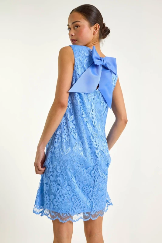 Image of Roman Womens Petite Bow Back Lace Shift Dress in Blue Size: 12 Blue Female 12