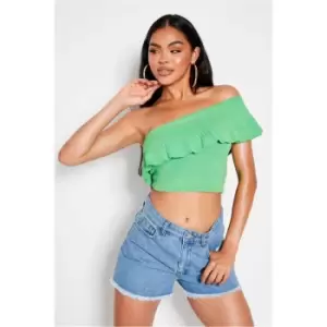 Image of I Saw It First Green Frill Edge One Shoulder Knitted Crop Top - Green