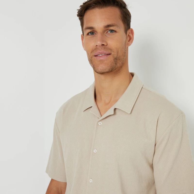 Image of Threadbare 'Robbie' Textured Short Sleeve Cotton Shirt With Stretch Stone