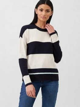 Image of Oasis Block Stripe Perfect Crew Jumper - Navy, Size L, Women