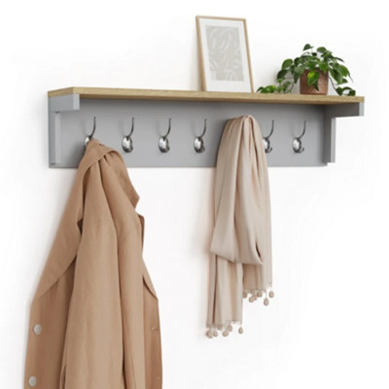 Image of VonHaus Wall Mounted Ash Wood Veneer Coat Hooks with Shelf Grey unisex
