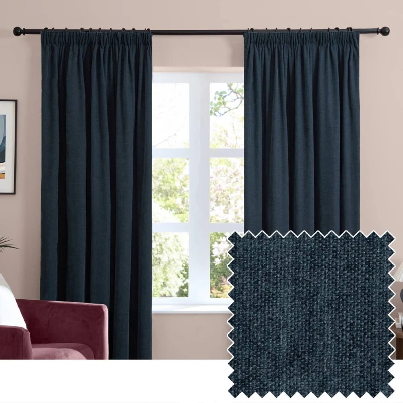 Image of Furn Soft Chenille Blackout Pencil Pleat Curtain Pair in Navy Size: 117cm width x 137cm drop Navy Unisex 117cm width x 137cm drop