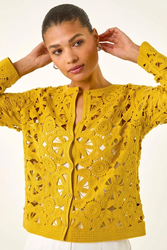Image of Roman Womens Crochet Knit Cardigan in Yellow Size: Small Yellow Female S