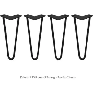 Image of 4 x Hairpin Legs / Hair Pin Legs Set SkiSki Legs Furniture Desk Bench Chair Table 12" 2 Prong 12mm Black Steel & Protector Feet - Black
