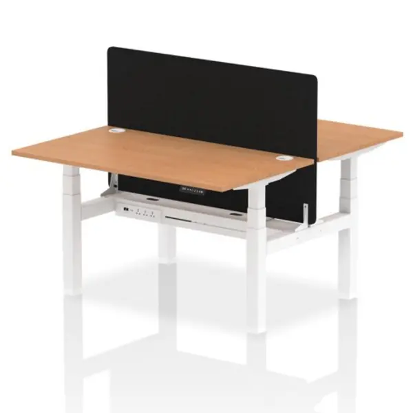 Image of Air Air Back-to-Back 1400 x 800mm Height Adjustable 2 Person Bench Desk Oak Top with Cable Ports White Frame with Black Straight Screen HASCP2P14800O
