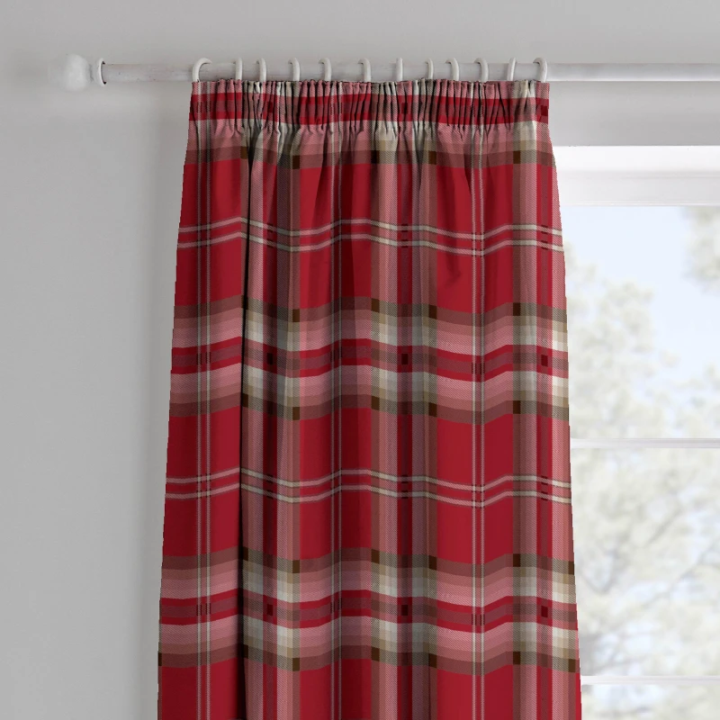 Image of Catherine Lansfield Kelso Check Lined Pencil Pleat Curtains Curtains 66x72 Inch Red 42196808002