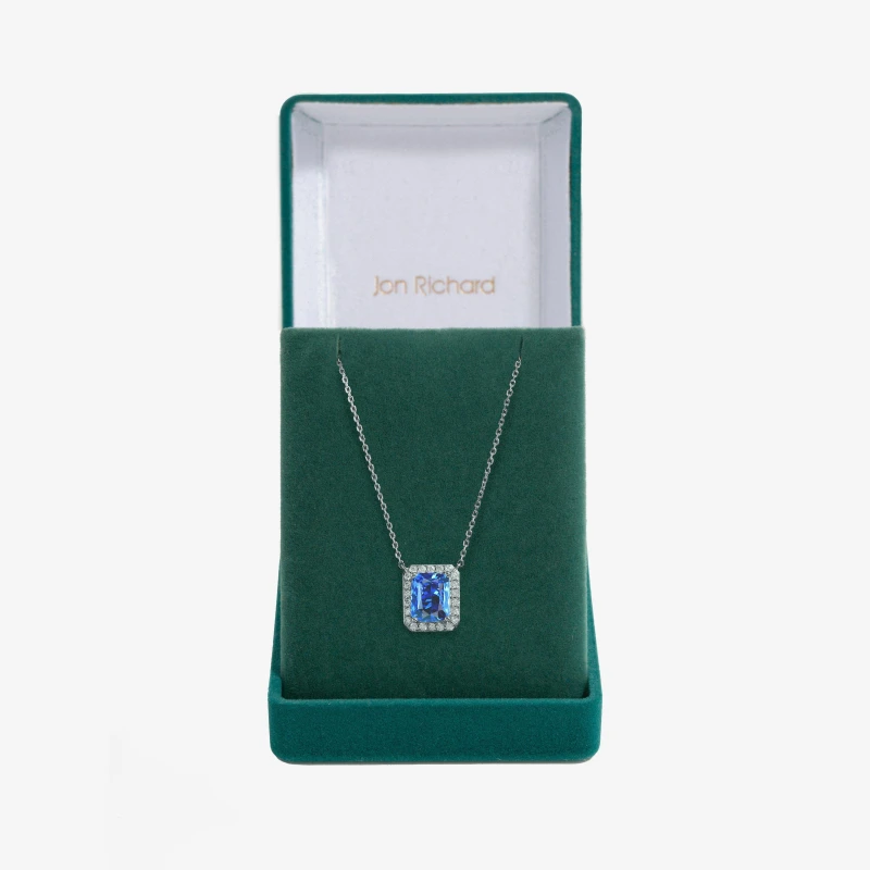 Image of Jon Richard Rhodium Plated Cubic Zirconia Emerald Cut Sapphire Pendant - Gift Boxed Silver