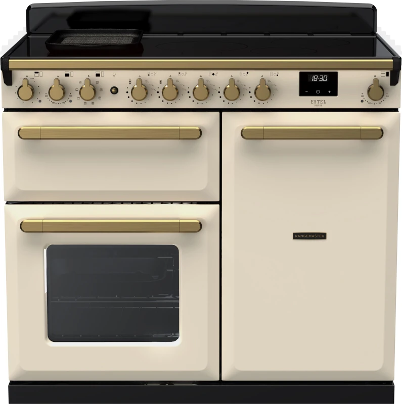 Image of Rangemaster Estel Deluxe ESDL100EIPPCR/AB1 100cm wide Electric Range Cooker with Induction Hob - Cream / Antique Brass - A/A Rated