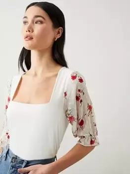 Image of Dorothy Perkins Floral Chiffon Sleeve Top - White, Size L, Women