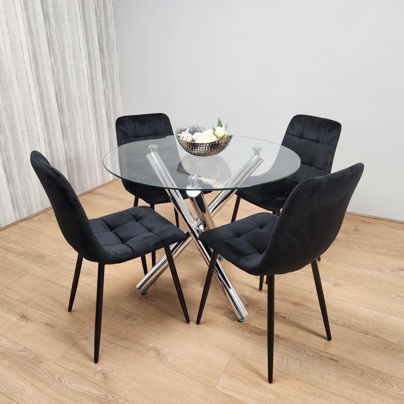 Image of KOSY KOALA Round Chrome Metal and Clear Glass Dining Table and 4 Black Tufted Velvet Chairs Kitchen Dining Set Multi