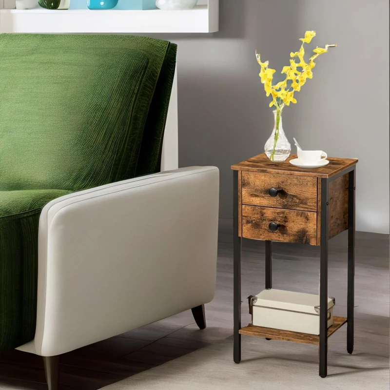 Image of Rafaelo Mobilia Slim Side Table with 2 Drawers in Brown Brown Unisex