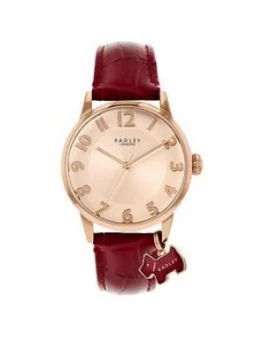 Image of Radley Liverpool Street Blush Sunray Dog Charm Dial Dark Red Leather Strap Ladies Watch