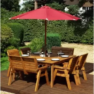 Image of Charles Taylor Eight Seater Square Table Set with Benches and Parasol, Burgundy