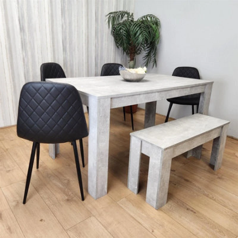 Image of KOSY KOALA KOSY KOALA Stone Grey Wood Dining Table with Bench and 4 Black Leather Chairs Grey One Size Unisex 5060711589497