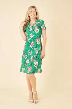 Image of Green Floral Ruched Waist Dress