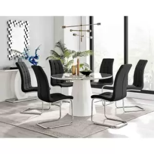 Image of Furniture Box Palma White Marble Effect Round Dining Table and 6 Black Murano Chairs