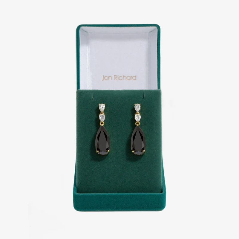 Image of Jon Richard Gold Plated And Jet Pear Drop Earrings - Gift Boxed Gold female