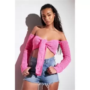 Image of I Saw It First Off The Shoulder Crochet Tie Top - Pink