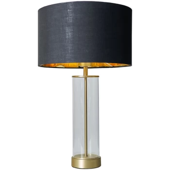 Image of Matt Gold & Clear Tube Table Lamp With Large Lampshade - Black & Gold