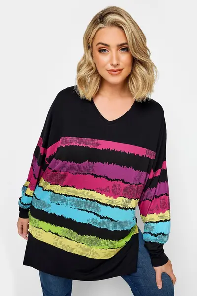 Image of Yours Brush Stroke Stripe Top - Multi, Black, Size 30-32, Women