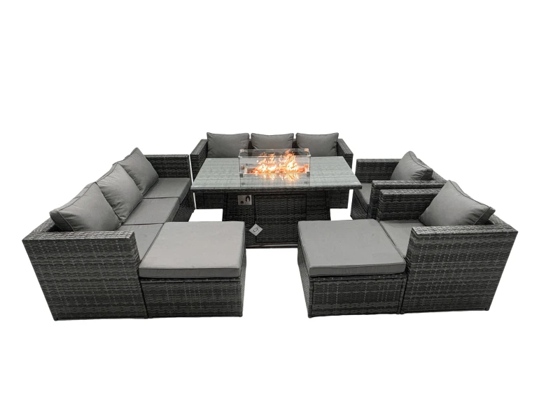 Image of Fimous Rattan Garden Furniture Firepit Dining Set 10 Seater Lounge Sofa Table Set with 2 big Footstool Dark Grey