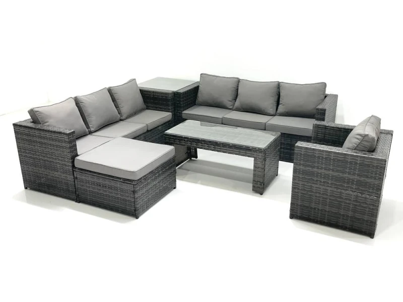 Image of Fimous Rattan Garden Furniture Set Outdoor 8 Seater Patio Conversation Sets with Glass Top Coffee Table Side Table Dark Grey