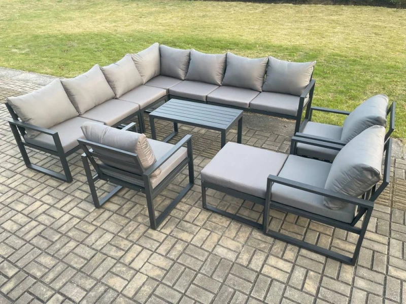 Image of Fimous Aluminium Patio Outdoor Garden Furniture Lounge Corner Sofa Set with Oblong Coffee Table Big Footstool 3 Chair Dark Grey Dark Grey Unisex