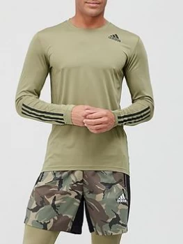Image of adidas 3-Stripe Techfit Baselayer Long Sleeve T-Shirt - Khaki, Size S, Men