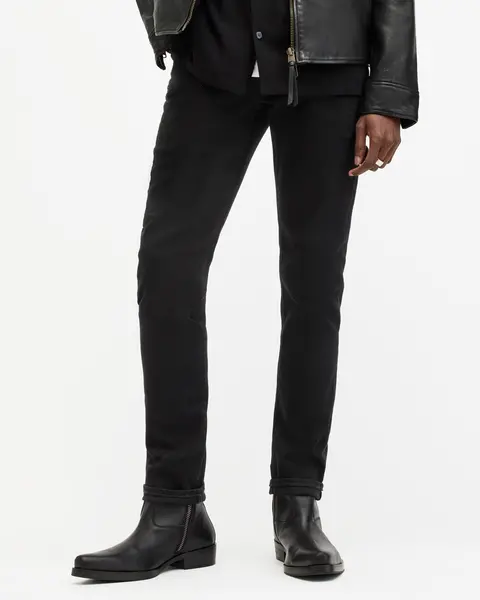 Image of AllSaints Mens Cotton Traditional Rex Slim Jeans, Black, Size: 38/L30