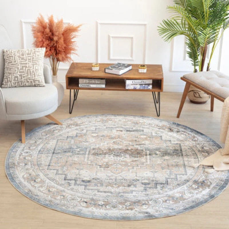 Image of Livabliss Round Machine Washable Oriental Boho Navy Blue Jennifer Area Rug 200 X 200 Cm - Easy Care, Ideal For Living Room & Bedroom