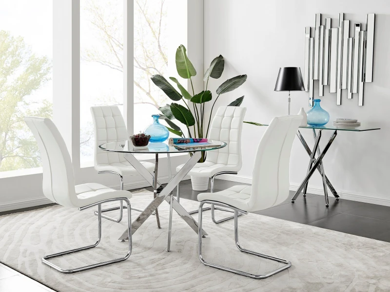 Image of FurnitureboxUK FurnitureboxUK Novara Chrome Metal 100cm Round Glass Dining Table And 4 Murano Dining Chairs in White White One Size Unisex 50565426405