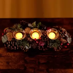 Image of Christmas Cone & Berry Triple Tea Light Holder Festive Candle Holder Traditional Rustic Candle Holder Tea Light Votive Pine Cone Display Ornament