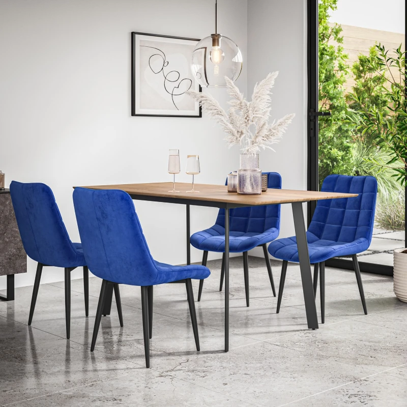 Image of More4Homes Haydon Extending Dining Table + Chairs- Oak Effect Table Top W Black Legs + Nova Velvet Dining Chair Set Of 4 (Blue)