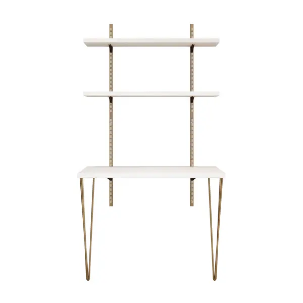 Image of Rothley Home Office Desk Kit with Antique Brass Hairpin Legs, Twinslot Brackets and Uprights - White White