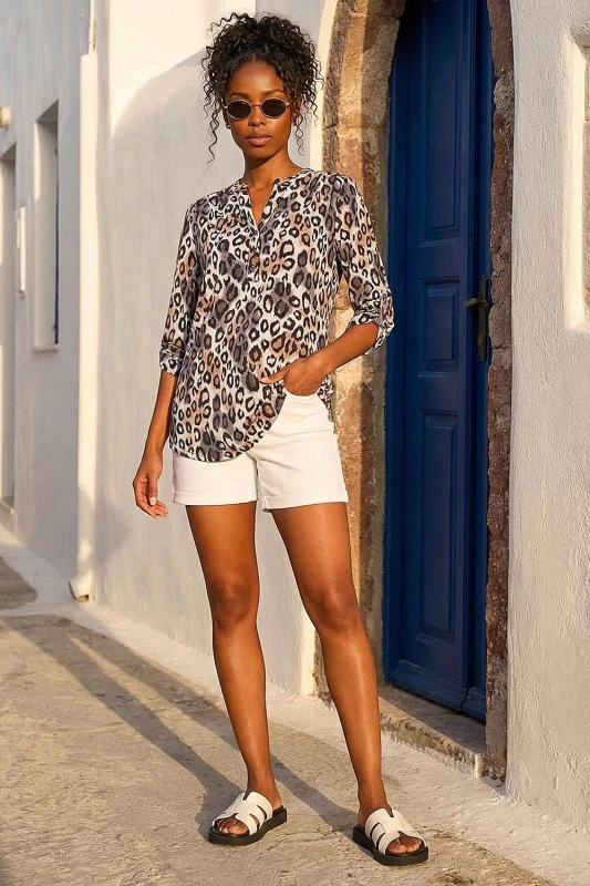 Image of Roman Animal Print Stretch Blouse Taupe female