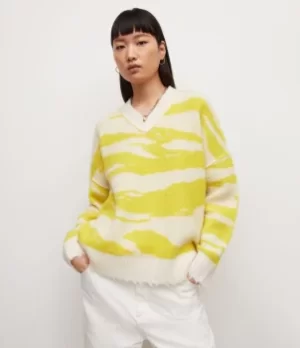 Image of AllSaints Womens Tiga V-Neck Jumper, Yellow/White, Size: M