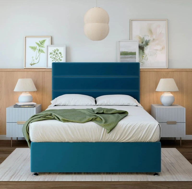 Image of Bedmaster Bedmaster Plush Velvet 4 Drawer Divan Base And Lined Headboard in Blue Size: Double Blue Double Unisex 7867871500199