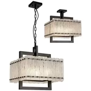 Image of Luminosa Lighting - Large Square Ceiling Pendant, 5 Light E27, Matt Black, Crystal Sand Glass