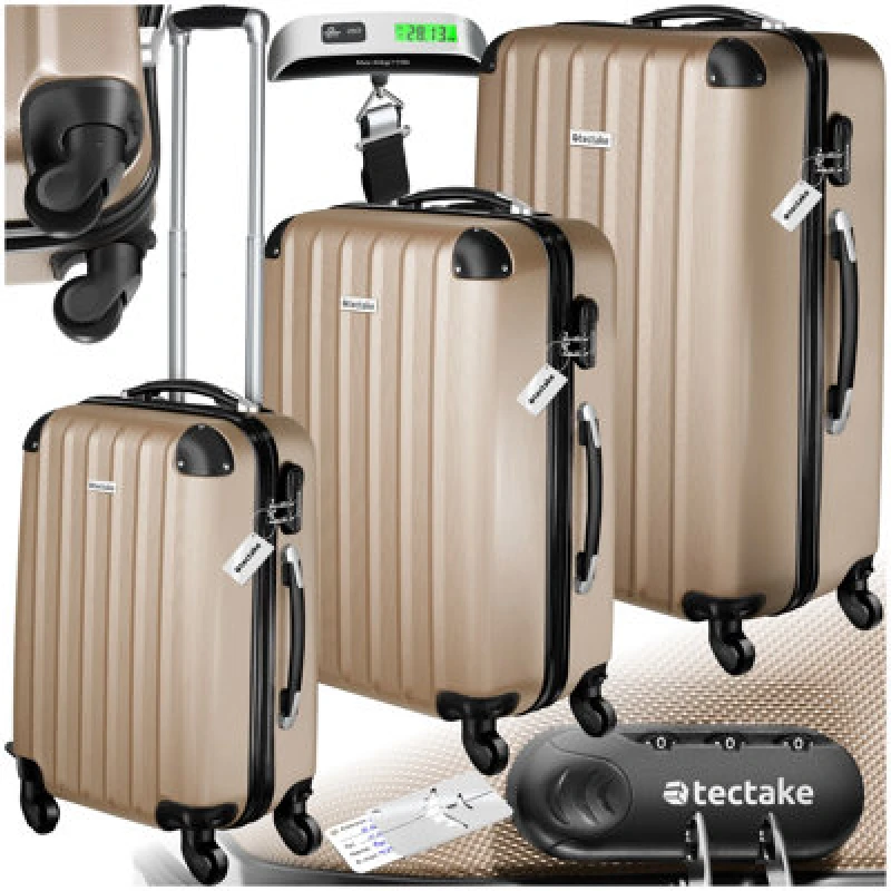 Image of Tectake Suitcases Set Of 3 - Scale, Luggage Tag, Lock Included, Swivel Wheels - Champagne