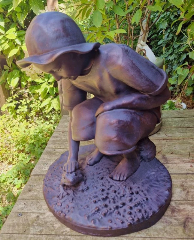 Image of Inspirational Gifting Boy Playing with Frog Garden Ornament Sculpture in Bronze Bronze Unisex