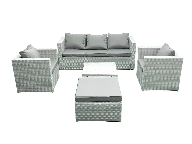 Image of Fimous 6 Seater Rattan Garden Furniture Set with 3 Seater Sofa 2 Chair Square Coffee Table Big Footstool Light Grey Mixed Light Grey