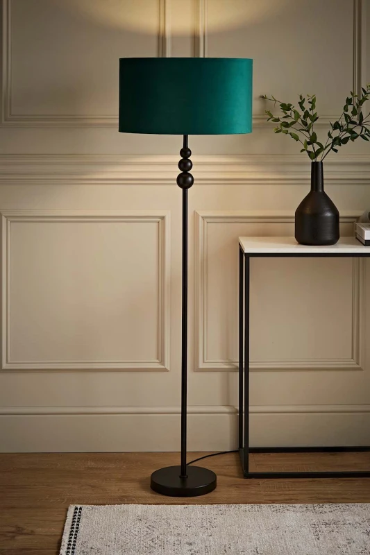 Image of ValueLights Marissa Velvet Drum Shade with Black Stacked Ball Floor Lamp Bottle Green