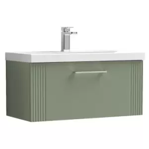 Image of Deco Satin Green 800mm Wall Hung Single Drawer Vanity Unit with 40mm Profile Basin - DPF896A - Satin Reed Green - Nuie