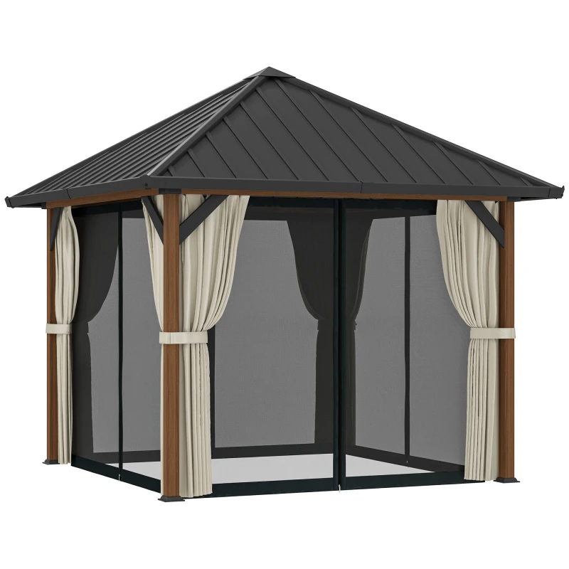 Image of Outsunny 3 x 3(m) Metal Hardtop Gazebo with Netting and Curtains, Walnut Dark Brown