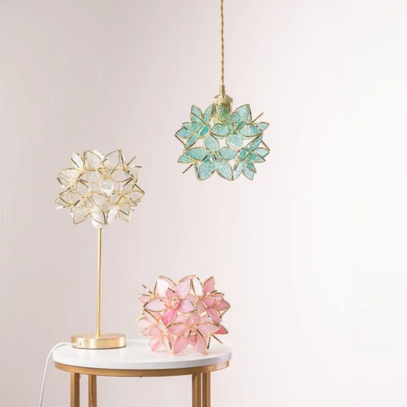 Image of ValueLights Reine Gold Stem Table Lamp with Glass Flower Pendant with Bulb Clear