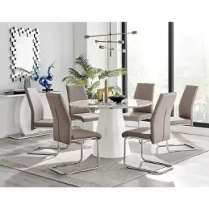 Image of Furniturebox Palma White Marble Effect 120cm Round Minimalist Dining Table & 6 Cappuccino Lorenzo Silver Leg Faux Leather Chairs