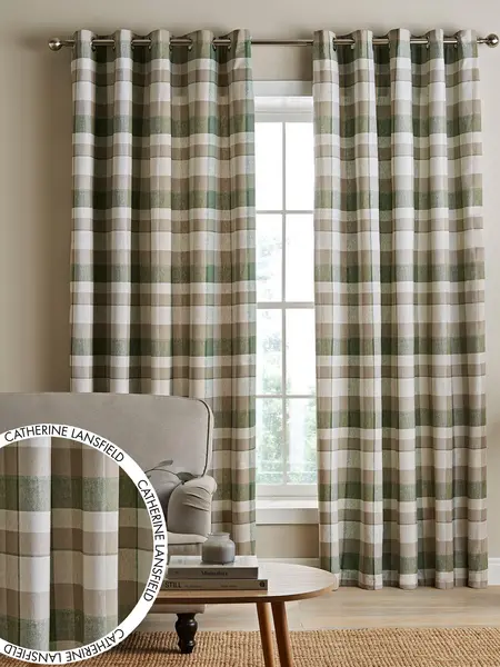 Image of Catherine Lansfield 'Brushed Cotton Thermal Check ' Curtains Two Panels Green